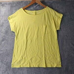 Talbots M Yellow Striped ShortSleeve Pocket Button Back Detail preppy casual Top